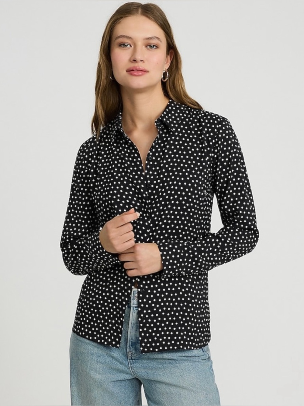 NWT Express Satin Polka Dot Portofino Shirt Black Women Small
